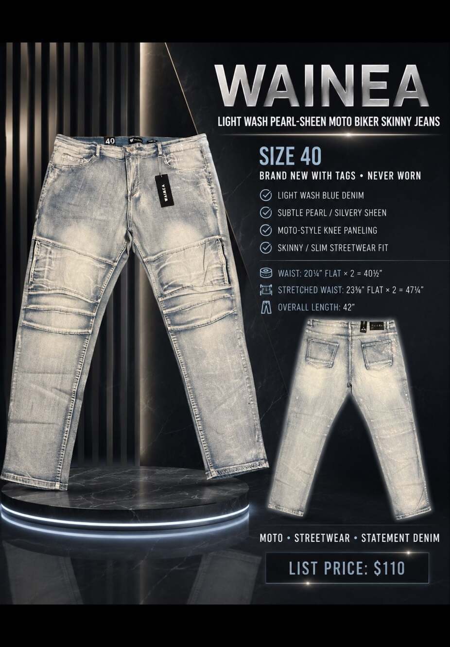 Wainea Light Wash Pearl-Sheen Moto Biker Skinny Jeans